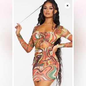 Orange Marble Print Bodycon Dress - PrettyLittleThing